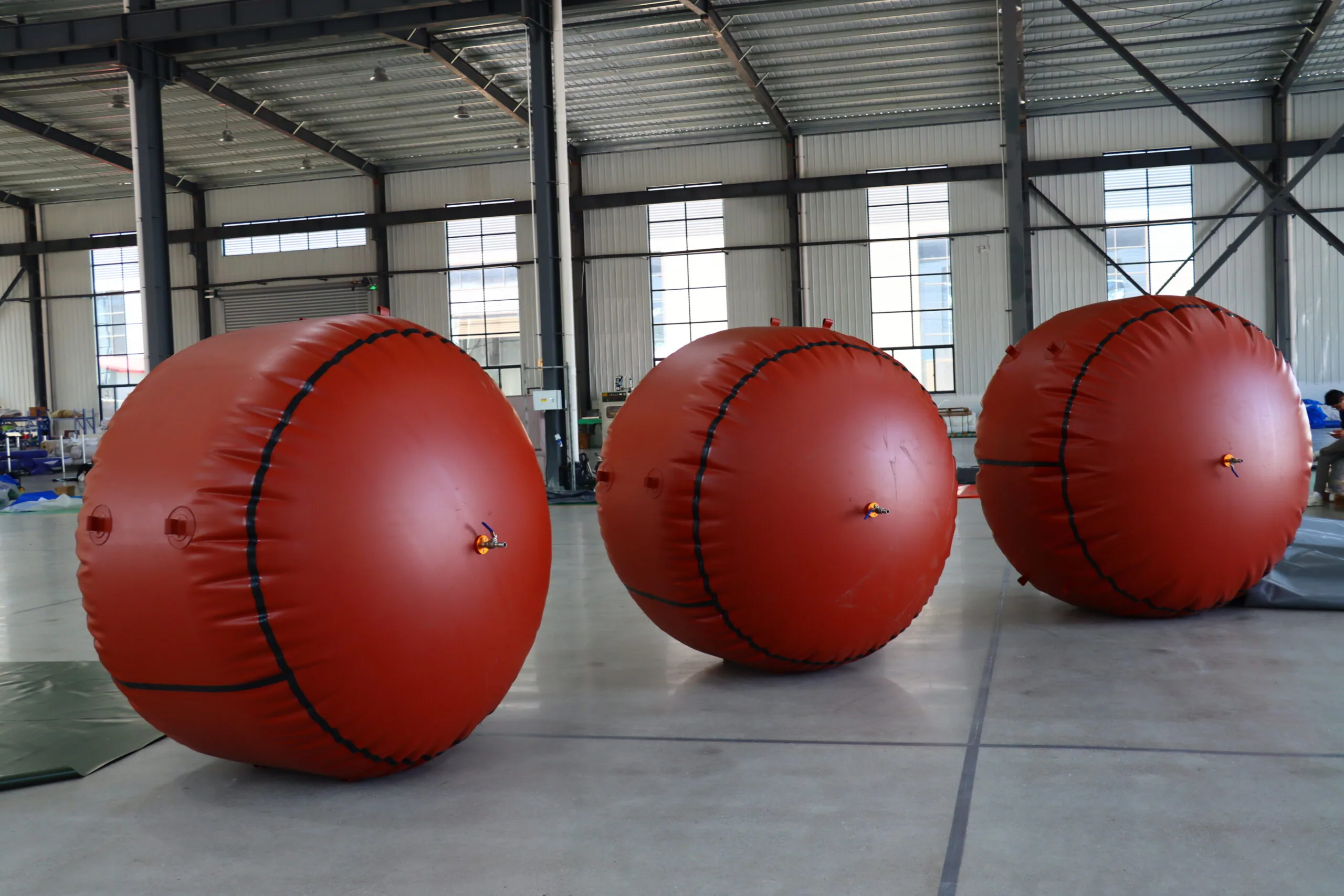 Flexible biogas storage bags ready for dispatch in the warehouse