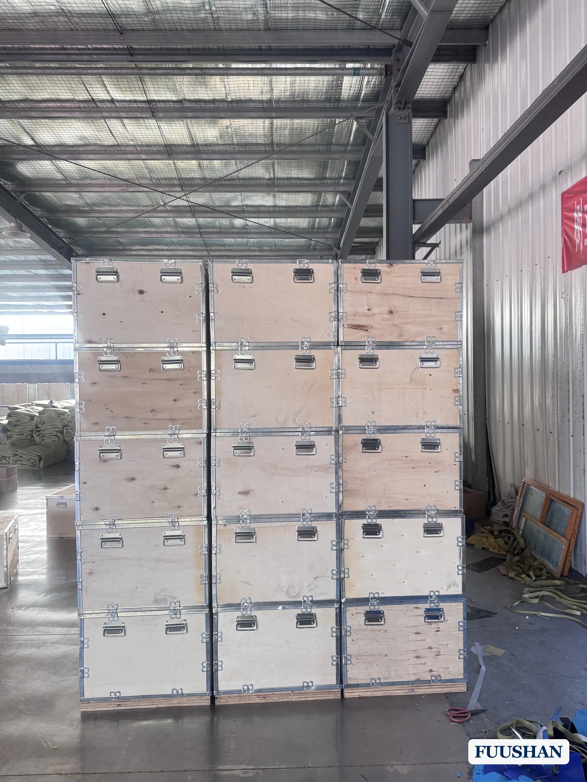 170 pillow water bladders stacked in wooden export crates ready for shipment to a Middle East livestock farm