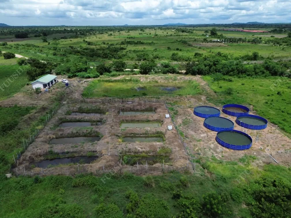 Circular fish tanks filled with water on a farm in Africa