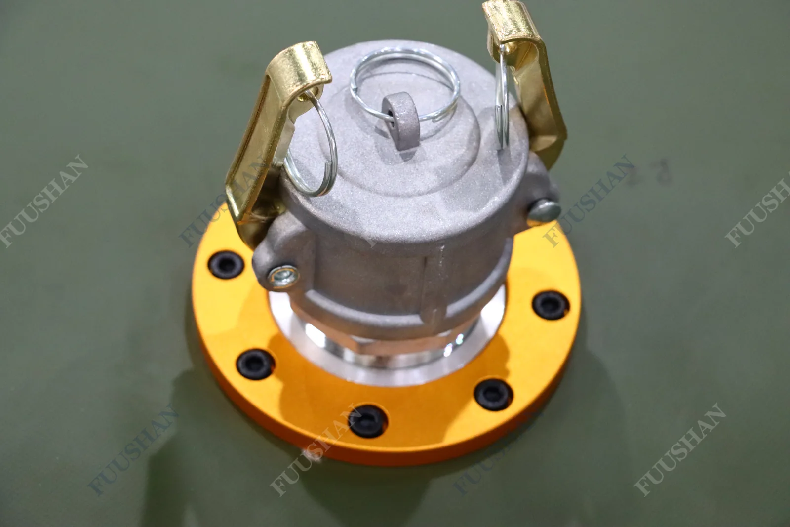 Capped Camlock fitting on a circular flange attached to green tank fabric